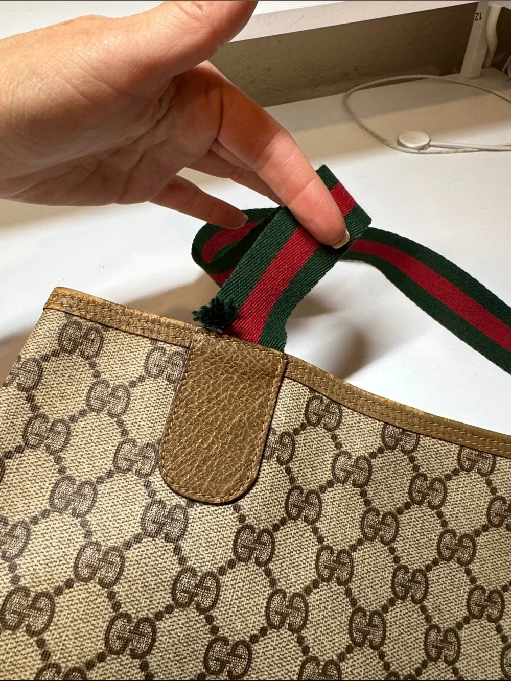 Gucci Beige/Tan GG Canvas Tote with Green & Red Web Strap